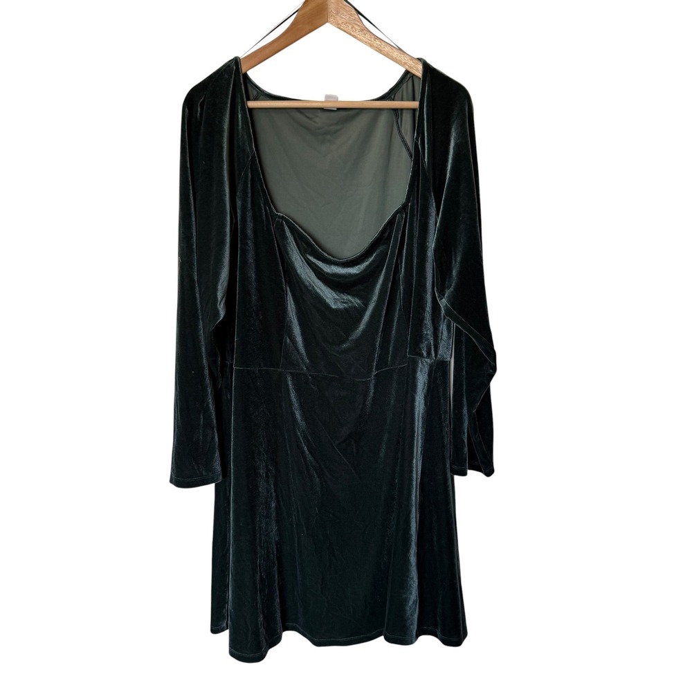 Old Navy Velvet Dress Women 3X Green Excellent Fit Flare Long Sleeve Scoop Neck